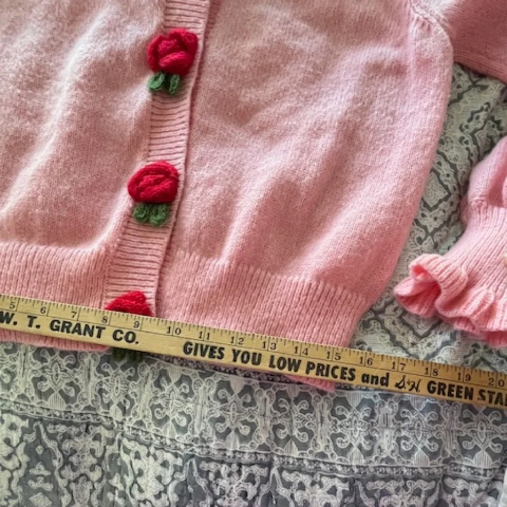 Pink Knit Cardigan Crocheted Strawberry Buttons Sz L/XL Coquette Twee Valentine - Picture 13 of 15